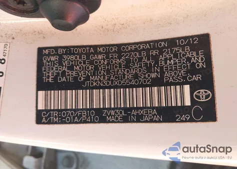 2013 Toyota Prius Three z USA, uszkodzony, nr VIN JTDKN3DUXD5540702